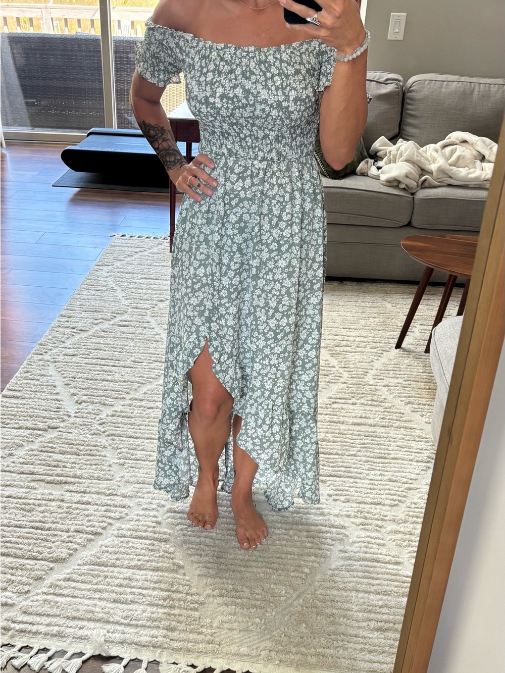 Smocked Off-Shoulder Sage Green Floral Maxi Dress